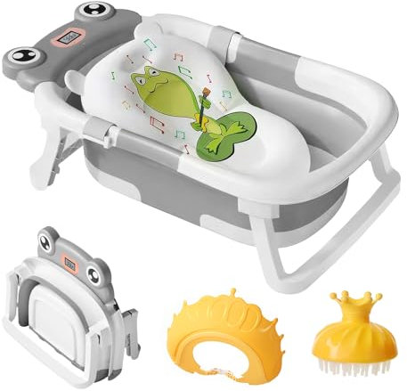 MINGPINHUIUS Bañera para bebé, con cojín de bañera, plegable, termómetro integrado, gorro de ducha, cepillo de ducha, para recién nacidos y niños pequeños, de 0 a 36 meses, gris