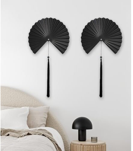 ITrixgan Wall Fan Decor Minimalist Black Wall Art for Living Room, Decorative Metal Wall Decor Fan with Tassels for Bedroom Above Bed TV, Modern Black Metal Wall Art Fan Set of 2