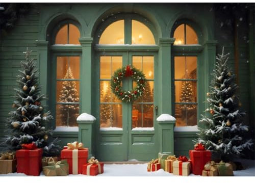YongFoto 4,5x3m Notte di Natale Fondali per la fotografia Regali di Natale di Green House Door Albero di Natale Ghirlanda Festival Sfondo per festa a tema invernale Servizio fotografico Oggetti