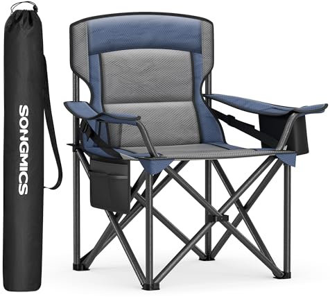 SONGMICS Campingstuhl, Klappstuhl mit Getränkehalter, Angelstuhl, Schaumstoffpolsterung, klappbar, bis 205 kg belastbar, Outdoor-Stuhl, hohe Rückenlehne, hafenblau GCB066Q01