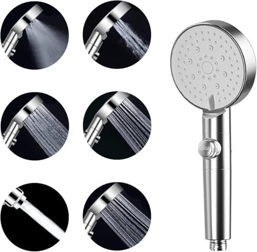PacuM High Pressure Shower Heads Water Saving Shower Head with 5 Spray Modes Handheld Multifunction Shower Head with Stop Button Hard Water Softener Showerhead for Low Water Pressure (Silver)