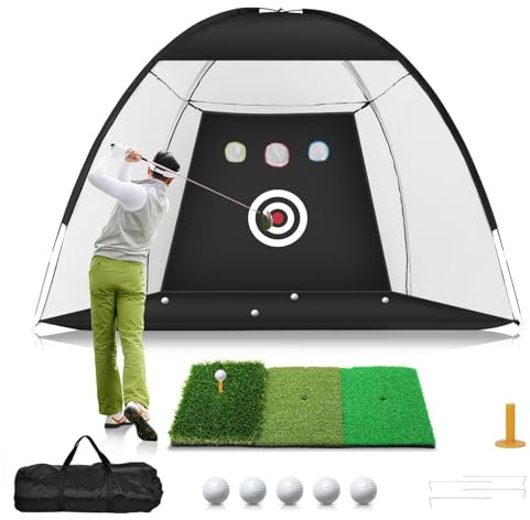 WUDLEP Golf-Netz, 3 x 2,1 m, Golf-Übungsnetz mit Tri-Turf-Golfmatte, All-in-1 Heimgolf-Schlaghilfe-Netze für Hinterhof, Fahren, Chippen, Schaukeltraining mit Zielscheibe/Matte/Bälle/Tee/Tasche