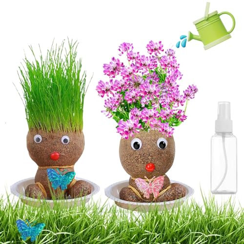 Lot de 5 têtes d'herbe, belles têtes d'herbe, pour enfants, 2 styles, avec un petit flacon pulvérisateur, poupées à gazon, avec plateau (herbe verte et fleurs)