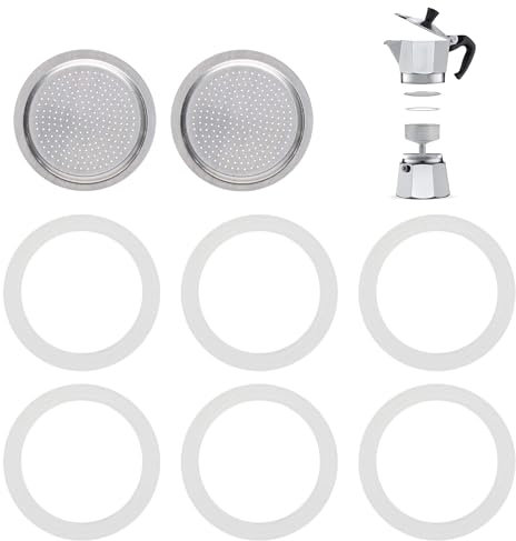 Landrain 6 pezzi guarnizione 6 tazze per caffettiera espresso, guarnizione con 2 colino in alluminio, pezzi di ricambio per caffettiera
