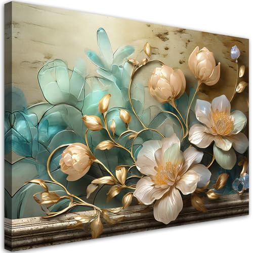 Feeby Leinwand Bilder - Bild Wohnzimmer - Glasblumen Abstrakt Beige Türkis - 90x60 cm 1tlg - Deko Schlafzimmer Groß - Dekoration Canvas - Gemälde - Modern Wandbilder - Kunstdruck
