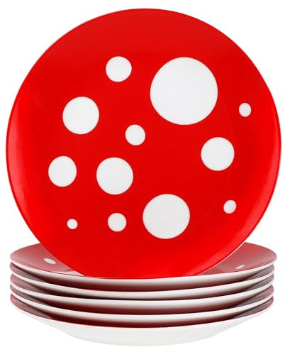 MamboCat Pula - Lot de 6 assiettes à gâteau rouges - Assiettes à petit-déjeuner en porcelaine blanche avec pois pour 6 personnes - Petites assiettes pour salade, dessert, amuse-bouches, etc.