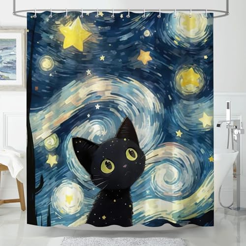 Hopomoon Duschvorhang 180 x 180 cm mit Katze und Sternennacht Antischimmel Textil, Ölgemälde-Stil, Waschbar Polyester Stoff Badevorhänge Mit 12 Ösen und Duschvorhangringe für Badezimmer, Badewanne