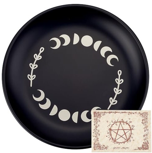 CREATCABIN Assiette D'Autel Phase Lune Plat à Bijoux Bol Rituel Plateau de Prière Rond Bol D'Offrande Bougeoir Noir avec Carte de Divination pour Méditation Bâtons D'Encens Radiesthésie 14cm