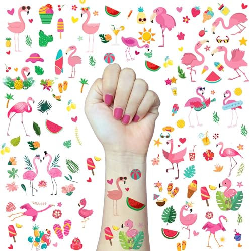 DIELOVEHUA Hawaii Temporäre Tattoos, 10 Blätter Flamingo Temporäre Tattoos, Flamingo Tattoo für Kinder, Hawaii Party Deko, für Sommer Pool Strand Tropische Party Kindergeburtstag Geschenk