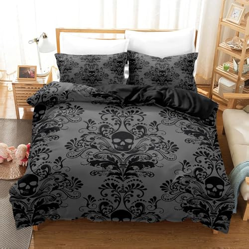 LinQton Skull Duvet Cover Set Black Skull Bedding Set for Adults Gothic Boho Floral Duvet Cover Soft Microfiber Bohemian Comforter Cover,Halloween Birthday Gifts (Black,Single)
