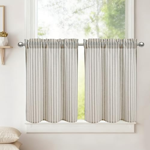 DWCN Grau Gestreift Kurz Vorhänge Leinen H45xB90cm 2 Stück Scheibengardinen | Küchengardinen Modern Halbtransparent Fenstervorhänge für Bistrogardine Wohnzimmer Schrankvorhang Balkon Gardinen Wohnwagen