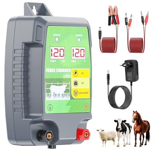 12KM Elektrozaun für Vieh und Tiere, 12 kV 3.0 J Ausgangsstromstärke Elektrozaungerät mit LCD-Display, Schutz für Pferde, Schafe, Hunde, Garten, Weiden und Bauernhof (Grau-Grün)