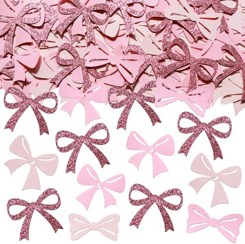 Rosa Schleifen Konfetti - 150 Stück Ästhetische Tischdeko für Damen & Mädchen Party - Coquette Style Streudeko für Babyparty, Taufe, Hochzeit & Mottoparty Dekoration(Rosa Glizer)