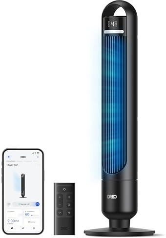 DREO Smart Tower Fan for Bedroom& Home, 26ft/s Powerful Airflow, 33ft Coverage, 1-12H Timer, 4 Speeds, 3 Modes, 28dB Bladeless Fan with App & Voice Control, 90° Oscillating Cooling Fan, LED Display