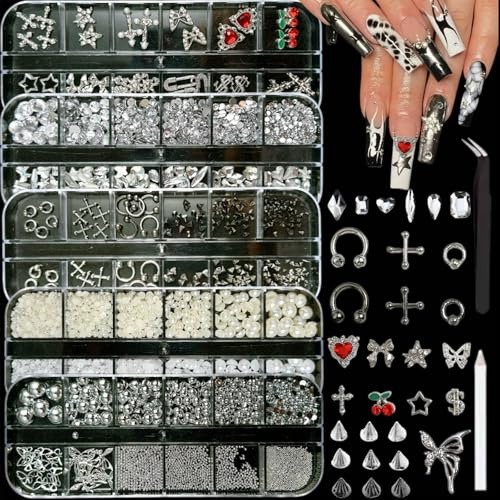 Silver Nail Charms Y2K Kit, 5 Boxes 3D Nail Charms and Gems Rhinestones for Nail Art Accessories, Silver Piercing Cross Charms for Nails Design Star, Flatback Pearls Caviar Beads for Nails Decor