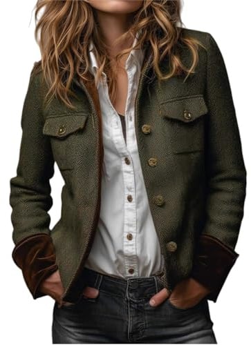 Blazer en tweed pour femme, style vintage, à chevrons, avec bordure en velours, manches longues, boutons