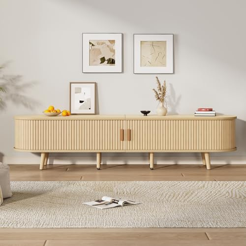 BTM TV Stand for 70 TV - 2 Drawers 2 Sliding Doors 2-Tier Shelf Oval Cabinet with Rounded Corners, for livingroom bedroom, Wood Color