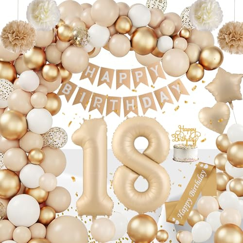 18 Geburtstag Deko Mädchen, Deko 18 Geburtstags Mädchen, Geburtstagdeko Beige Gold Luftballons mit Happy Birthday Girlande Ballon Girlande Pompons für 18. Geburtstag Boho Party Deko Frauen Mädchen