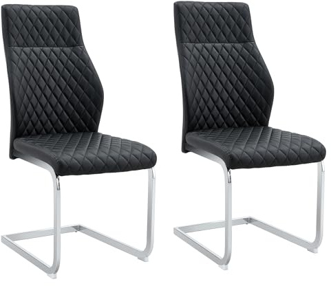 SEEDWAVE Esszimmerstuhl 2er Set Freischwinger, ergonomischer Küchenstuhl im skandinavischen Stil mit hoher Rückenlehne und pflegeleichtem PU-Leder-Bezug (Schwarz silbern)