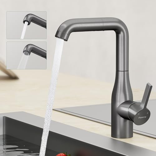 Mai & Mai Wasserhahn Küche ausziehbar, Küchenarmatur Grau | Mischbatterie Küche 360°Schwenkbar, Spültischarmatur aus Edelstahl, 2 Wasserstrahl-Modi, Turnix-04