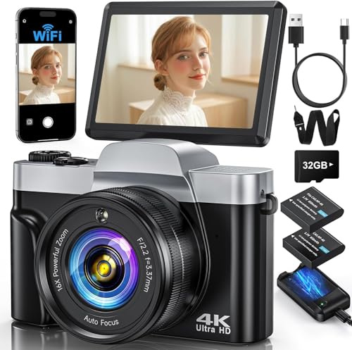 Cámara digital 4K con WiFi 64MP enfoque automático cámara de vlogging cámaras de viaje compactas para fotografía, pantalla abatible de 3 pulgadas 180°, zoom 16X, flash antivibración, tarjeta de 32 GB