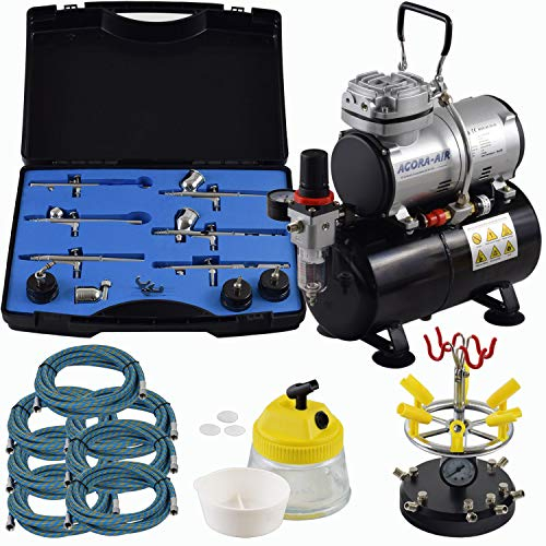Agora-Tec® Airbrush Komplett-Set PROFI XXV.2, Komplettsystem für Airbrushanwendungen, inkl. Kompressor mit 4 bar und 20l/min mit 3 Liter Tank + 6 Airbrushpistolen mit 6 versch. Nadeln/Düsen + 8-fach Pistolenhalter + Clean Pot + 7 Schläuche