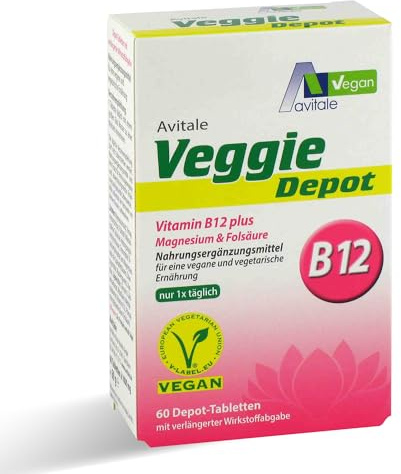 Avitale Veggie Depot Vitamin B12 + Magnesium + Folsäure, 60 Tabletten | Ideale Ergänzung einer veganen / vegetarischen Ernährung. Depot-Tabletten mit verlängerter Wirkstoffabgabe, Vegan (V-Label)