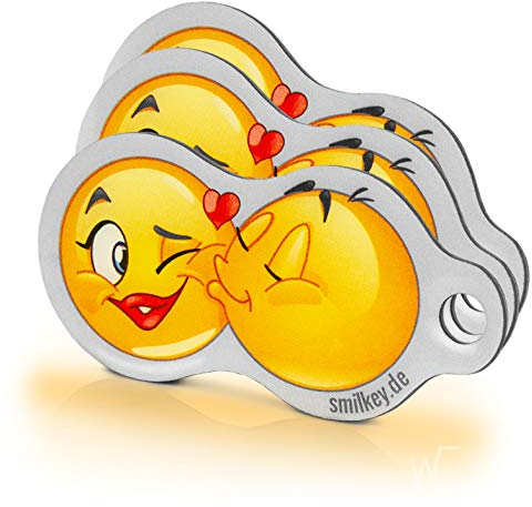 Einkaufswagenlöser “Kuss-Smiley“ (3 Stück) – funktionaler Schlüsselanhänger mit Einkaufswagenchip – Schlüsselanhänger Einkaufschip mit 1 Jahr Fundservice – 100% sicher