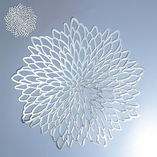 Snowkingdom 6 Pack Silver Placemats Metallic Glitter Pressed Vinyl Dinning Table Mats Decorative Round Leaf Charger for Winter Holiday Thanksgiving Christmas