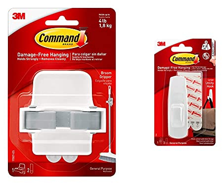 Command 17007-ES Broom Gripper, 1 Broom holder and 2 Adhesive Strips, Suitable for storing brooms and mops up to 1.8 kg & 17003 Large Hook Hanging Strips - White, Pack of 1