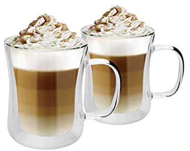 Fusion Set of 2 Double Walled Glass Mugs for Coffee, Tea and Cold Drinks. Dishwasher and Microwave Safe. (350ml)