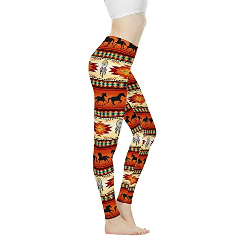 Biyejit Aztec Navajo Horse Print Women's Workout Leggings Squat Proof High Waisted Athletic Yoga Pants for Woman Lady