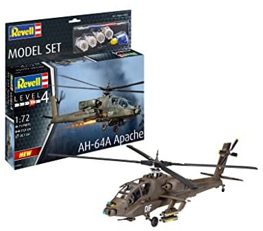 Revell Model Set 63824 AH-64A Apache 1:72 Scale Unbuilt/Unpainted Plastic Model Kit with Contacta Professional Glue, Paintbrush & Selected Aqua Color Paints