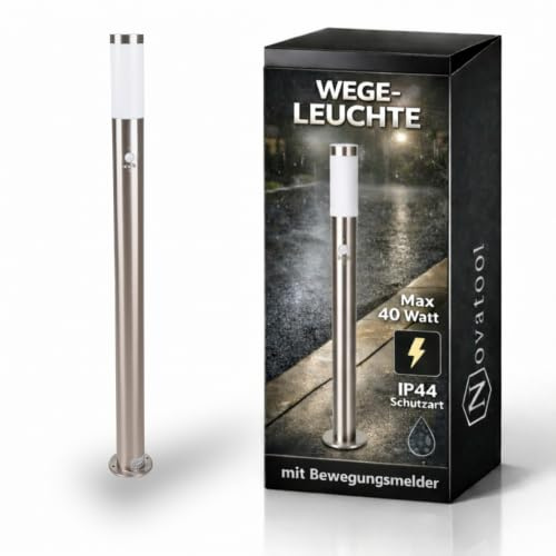 Novatool Gartenlampe I 110 cm I mit Bewegungsmelder I Edelstahl I IP44 I E27 Sockel I Gartenleuchte Stehlampe Säulenlampe außen Außenlampe Aussenleuchten Sockelleuchte Pollerleuchte Wegeleuchte…