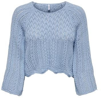 ONLY Damen Eleganter Strickpullover | Cropped 3/4 Arm Shirt | Knitted Pointelle Stretch Sweater ONLNOLA, Farben:Hellblau, Größe:XL