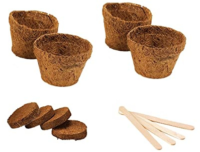 Gifts Direct 2 U Plant Starter Pack of 4 - Coco Coir Plant Pots & Coco Coil Husk Compost Discs & Plant Marker Sticks Natural Coconut Fibre Vegetable Herb Flower Seed Seedling Cuttings