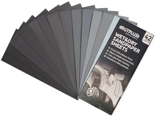 FASTPLUS 42PCS Wet and Dry Sandpaper, 120 to 2000 Assorted Grit Sandpaper, Wet and Dry Paper for Automotive Polishing, Metal Sanding and Wood Furniture Finishing, 9 x 3.6 Inches Wet Dry Sandpaper