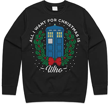 Sanfran Clothing All I Want Christmas Is WHO Sweatshirt Xmas UK TV Show Funny Gift Mens Womens Jumper Sweater 4XL / Black