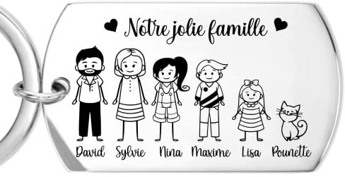 Porte clé famille en métal inox miroir personnalisé avec les personnages de votre choix, cadeau fête des pères, des mères, des mamies...