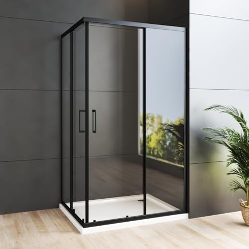 WDWRITTI Duschkabine Eckeinstieg 100x100x185cm mit Schiebetüren, Schwarz Schiebetür Eckdusche Duschabtrennung Duschschiebetür aus 6mm ESG Glas