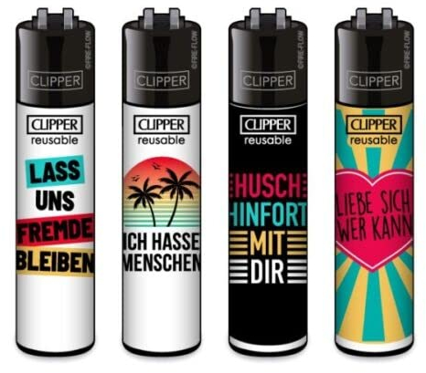 Clipper® 4er Slogan #49 Collection Lighter Flints Feuerzeug + 2 Sticker