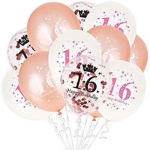 GoldRock Luftballons Deko 16 Geburtstag Mädchen Junge,15 Stück 16. Geburtstag Mädchen Luftballons Rosegold Weiß,Sweet 16 Ballons, Luftballons Geburtstag 16 Jahre,Konfetti Luftballon 16 Geburtstag Deko