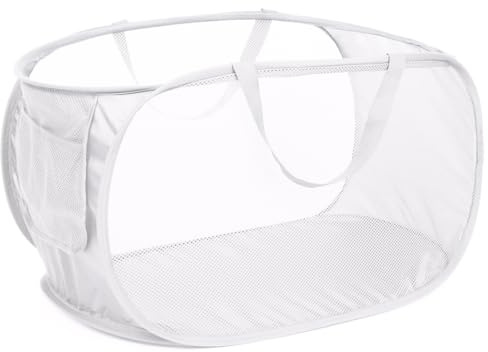 Diggoour Durable Collapsible Laundry Baskets, Mesh Pop Up Laundry Hamper with Handy Pocket, Foldable Clothes Hamper with Reinforced Carry Handles for Laundry, Bathroom, Kids Room or Travel White