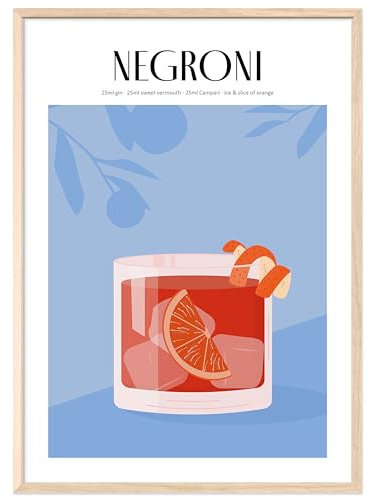 JUNOMI® Negroni Poster DIN A3, Cocktail, Longdrink, Bar, Getränke, Cocktail Set | Mit Rahmen Natur