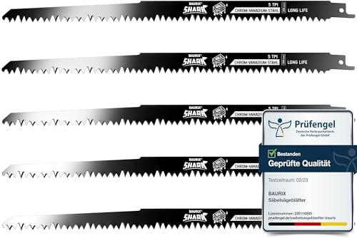 BAURIX® Säbelsägeblätter 300 mm 5er Set – nasses & grobes Holz, 5 TPI | Zum Entasten von Bäumen & Schneiden von Wurzeln. CRV-Stahl 5 TPI, passend für Bosch, Makita & Co.