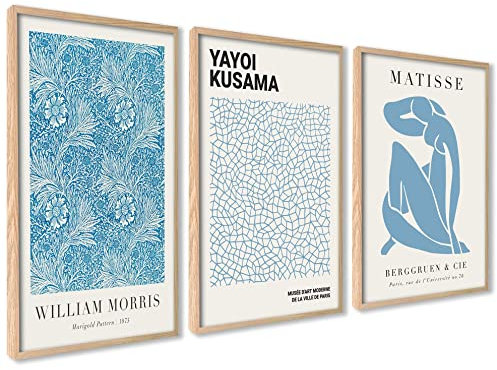 ag.art deco Modern Poster Set Blau | 3 Stück 40x50cm mit Rahmen HOLZ | Kusama Matisse Morris Bilder Set Surrealismus Wanddeko Abstrakter Expressionismus