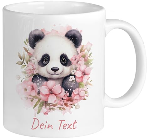 GRAZDesign Tasse Panda Blumen mit Name personalisiert Namenstasse Kindertasse Kaffeebecher Pandabär Keramik 330ml