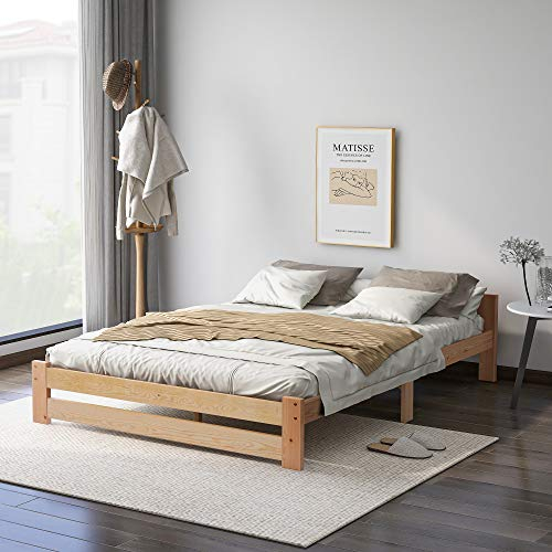 Bgsryao Holzbett 140x200 cm, Solide Doppelbett Massivholzbett Futonbett, Massivholz Natur Bett 140x200 mit Kopfteil und Lattenroste, Jugendbett Erwachsenenbett Gästebett Kinderbett Bettrahmen -Holz