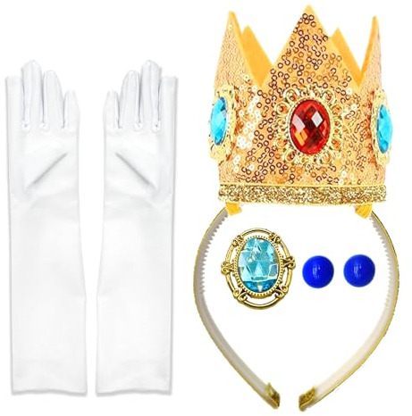 BJPERFMS Prinzessin Peach Kostüm Zubehör, Princess Peach Kostüm Kinder, Damen, Krone, Brosche, Ohrringe, Handschuhe, für Mädchen Rollenspiele