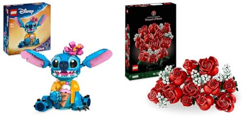 LEGO | Disney Stitch Juguete de Construcción de la Figura Articulada del Personaje de la & Icons Ramo de Rosas, Flores Artificiales para Decoración del Hogar, Regalo para el Día